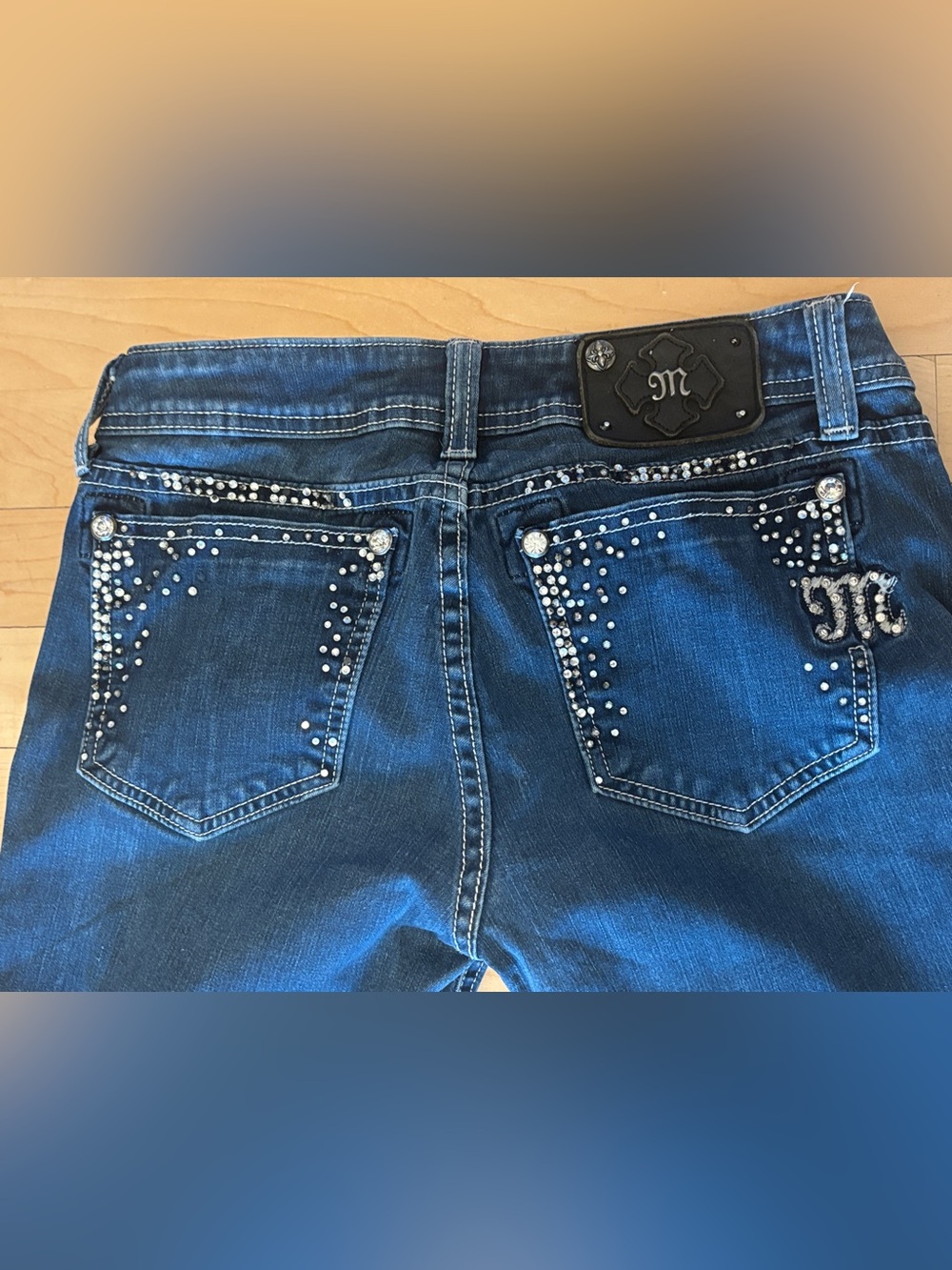 Miss Me Medium-Dark Blue Skinny Jeans with Rhinestone Trim - Picture 9 of 16